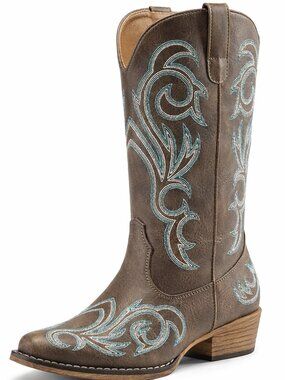 Women's Brown Faux Leather Cowgirl Boots Square Toe Chunky Heel Stitched Boots